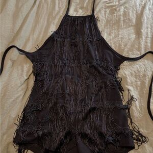 Chic Black Fringe Open Back Romper